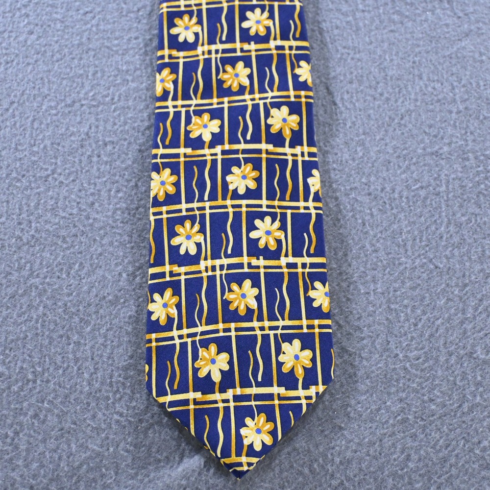Paul Fredrick Mens Floral Grid Italian Silk Handmade Necktie OS Blue Yellow USA